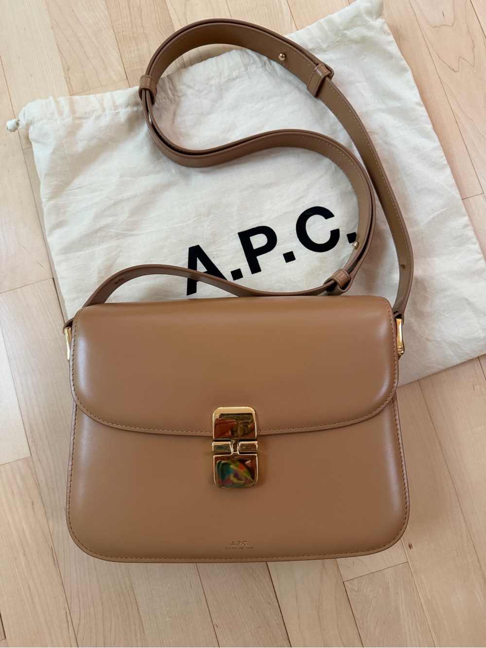 A.P.C. Grace Tan Leather Shoulder Bag with Gold Hardware